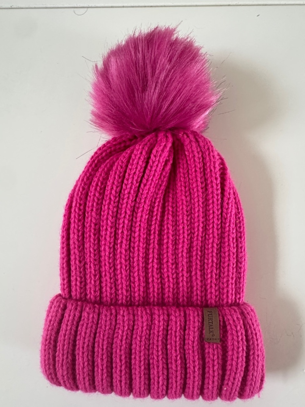 Kids Ribbed Pom Beanie Hat - Fuchsia Pink
